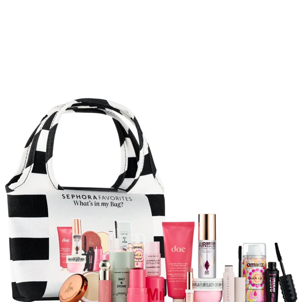 Sephora Black and White Striped Tote with Beauty Products